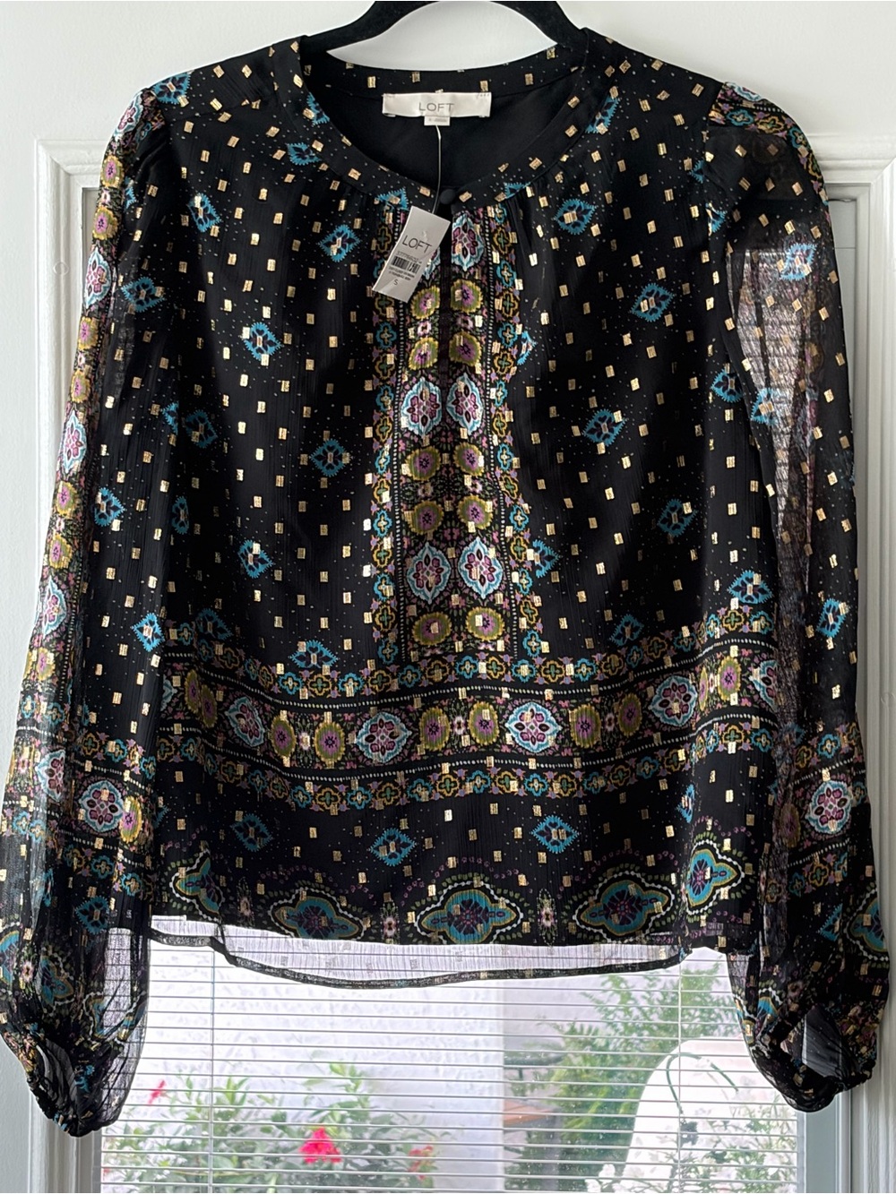 LOFT Black Sheer Blouse with Turquoise & Purple Geo Print